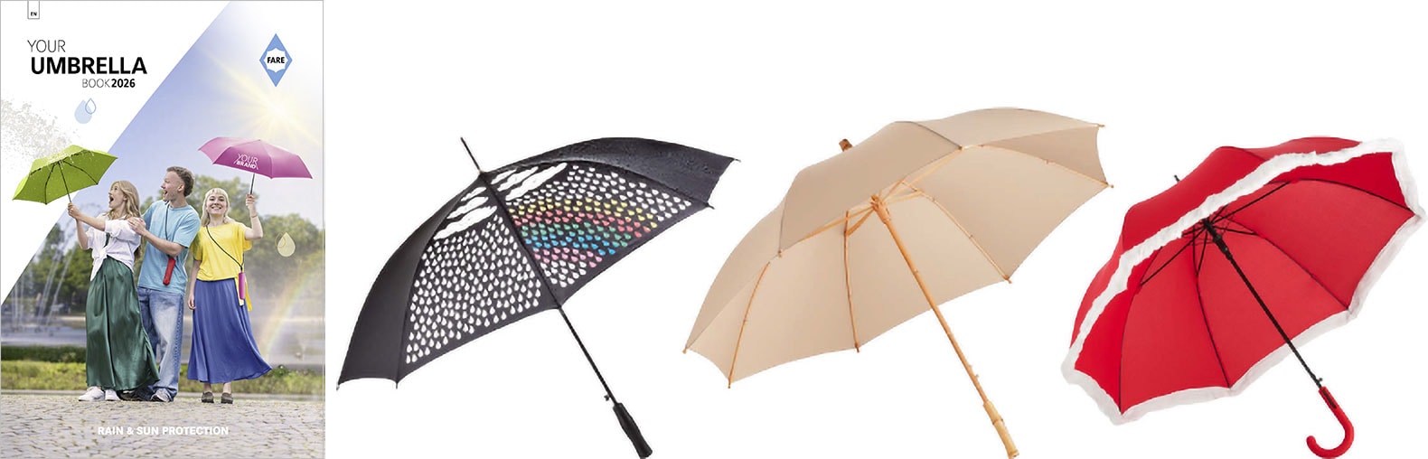 Fare Umbrella Stylebook 2026 – katalóg dáždniky, reklamné predmety, potlač, logo – Dáždniky Lugas v rôznych farbách a veľkostiach, ideálne na daždivé počasie. Vyberte si spoľahlivý dá.